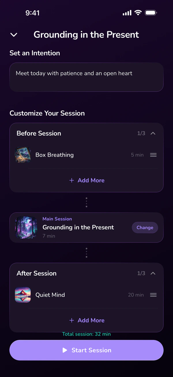 An intention, then box breathing before the main meditation and a closing track after it